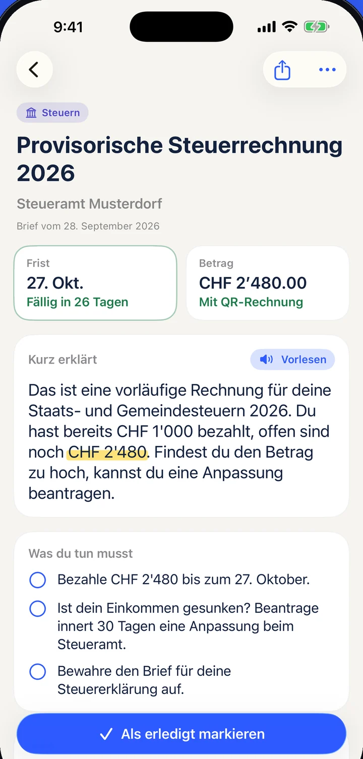 Briefklar erklärt eine provisorische Steuerrechnung: fällig am 27. Oktober, noch CHF 2'480.00 offen.