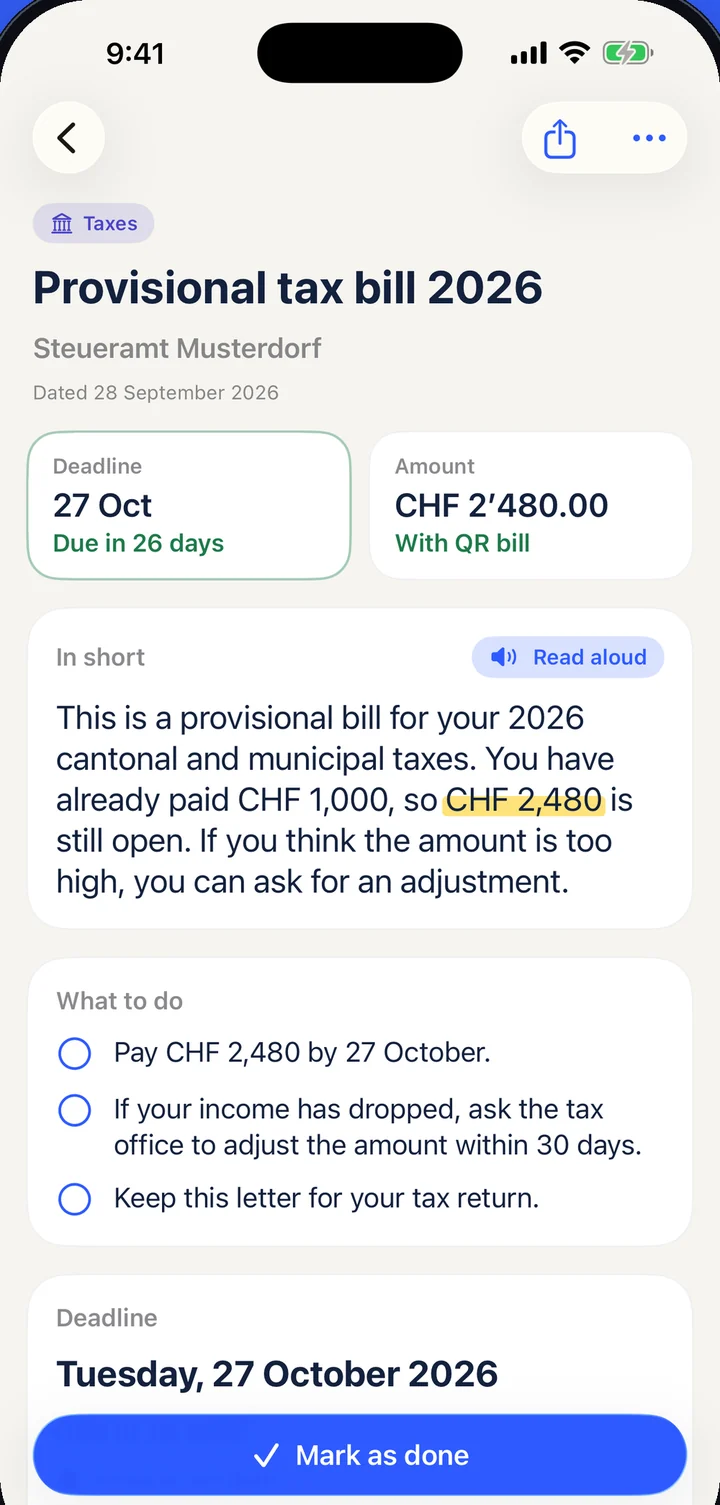Briefklar explains a provisional tax bill: due on 27 October, CHF 2'480.00 still to pay.
