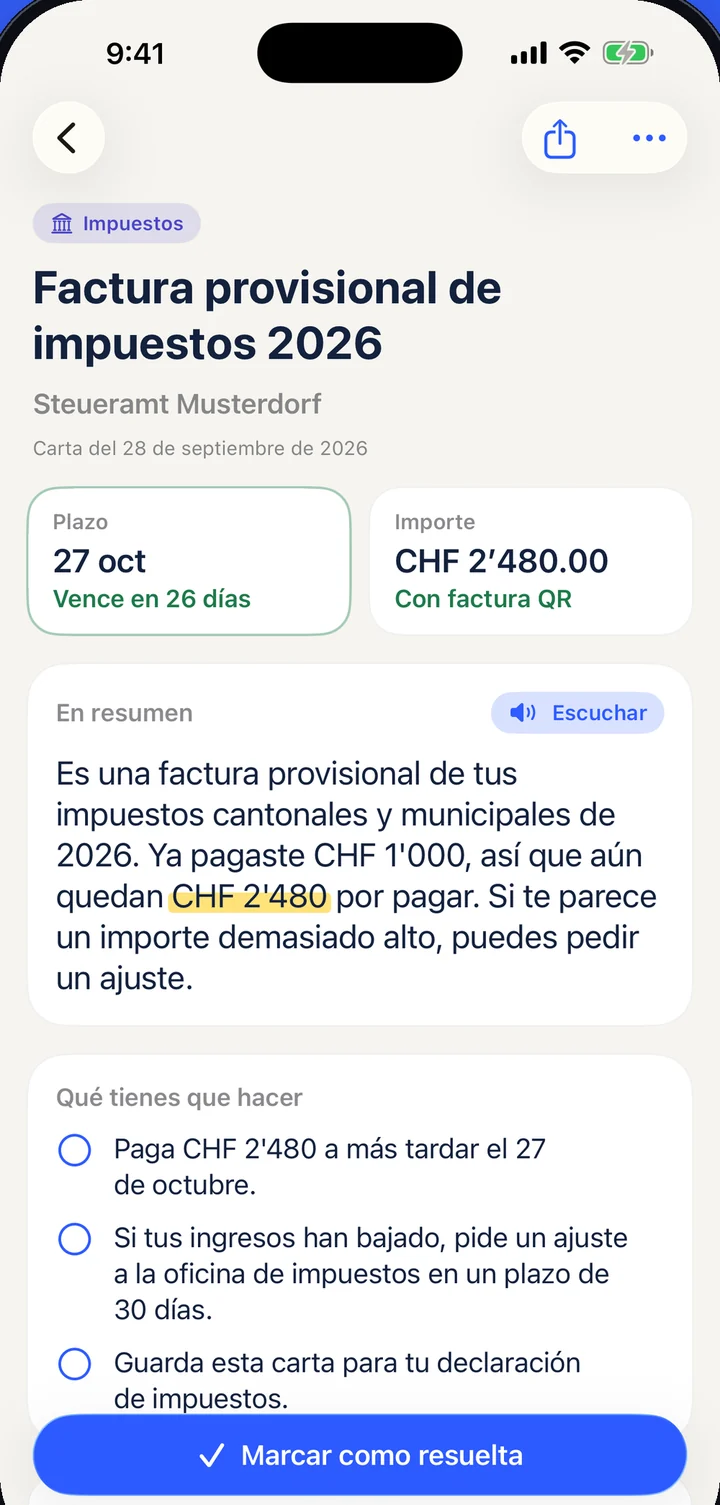 Briefklar explica una factura provisional de impuestos: vence el 27 de octubre, quedan CHF 2'480.00 por pagar.