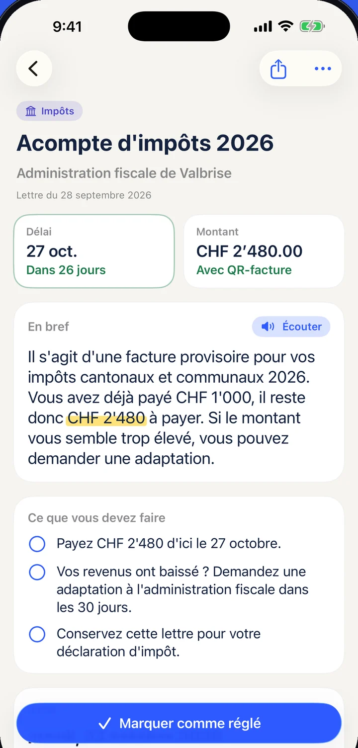 Briefklar explique une facture d’impôts provisoire : échéance le 27 octobre, il reste CHF 2'480.00 à payer.