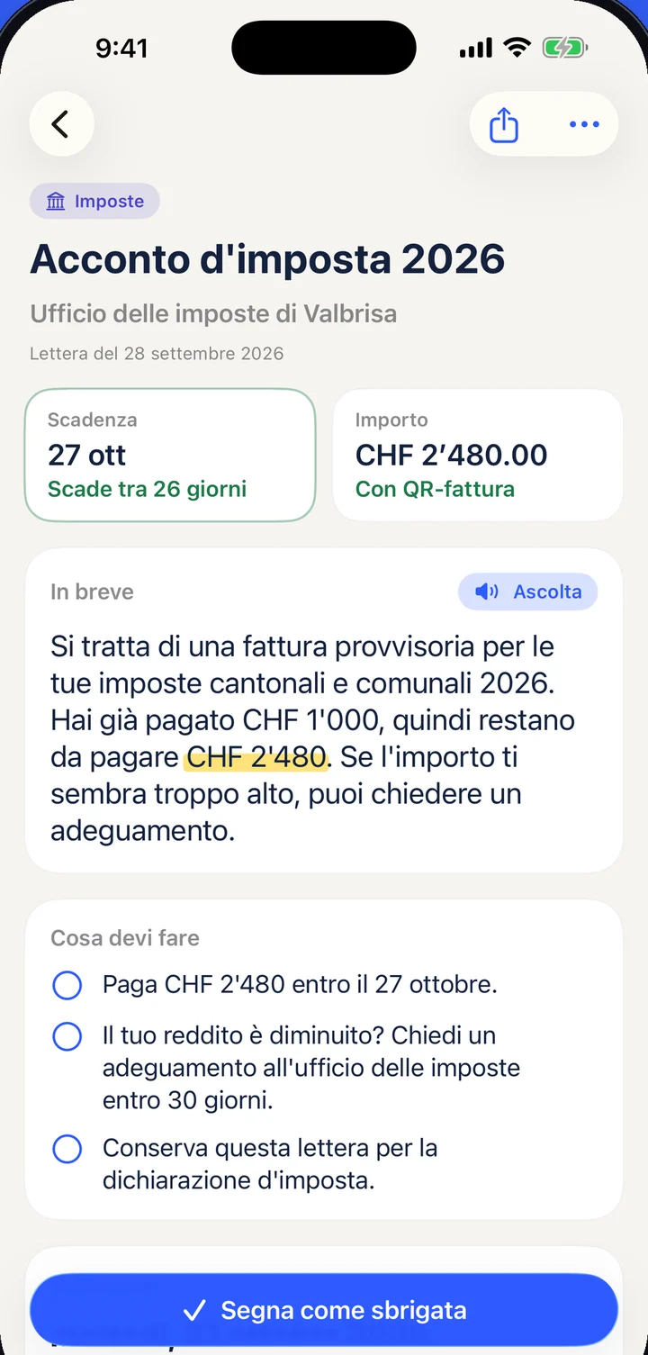 Briefklar spiega una fattura provvisoria delle imposte: scade il 27 ottobre, restano da pagare CHF 2'480.00.