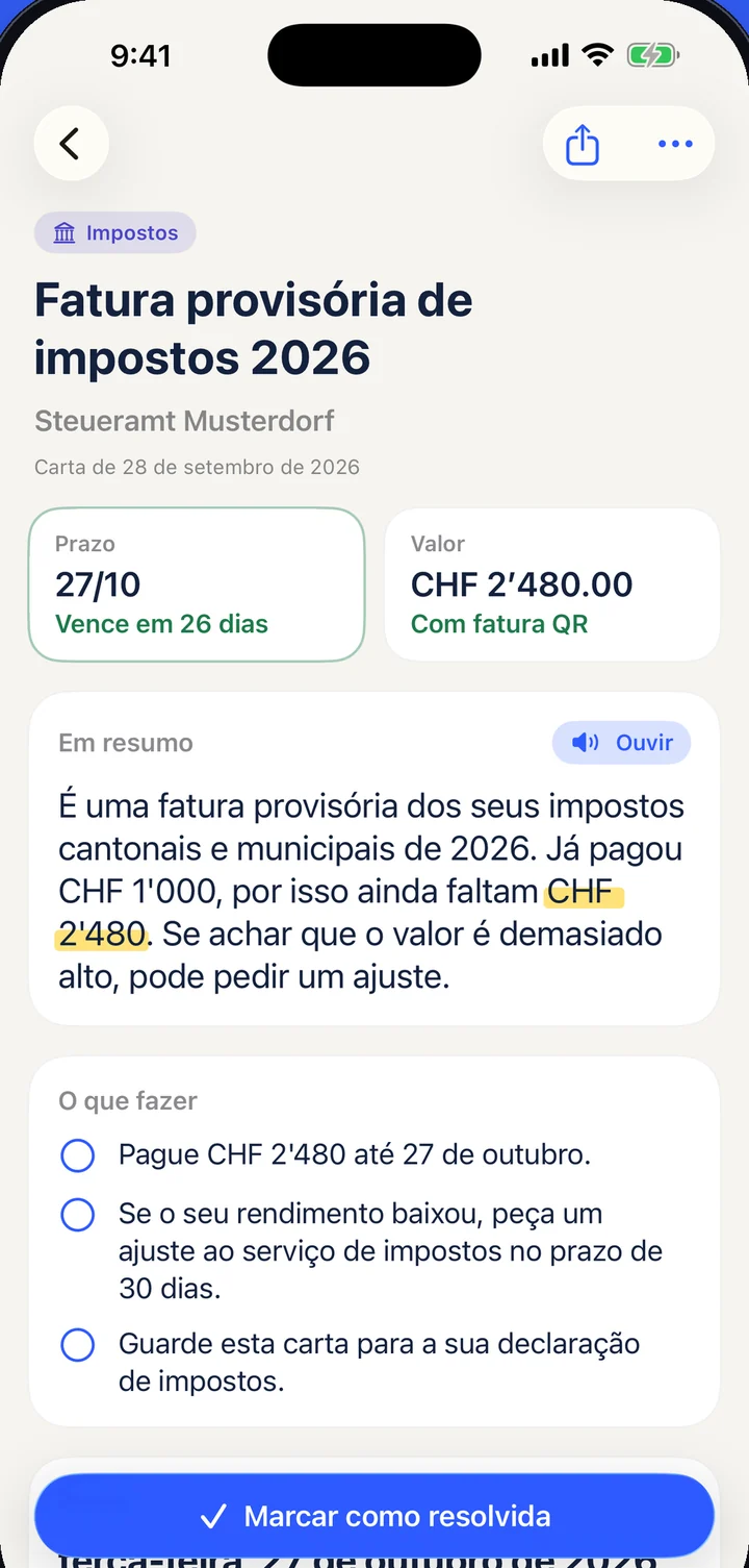 O Briefklar explica uma fatura provisória de impostos: vence a 27 de outubro e ainda há CHF 2'480.00 por pagar.