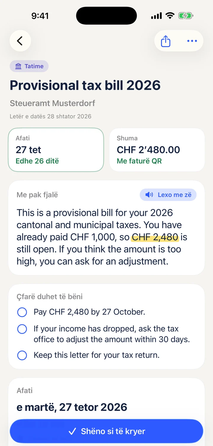 Briefklar shpjegon një faturë tatimore provizore: skadon më 27 tetor, mbeten për t'u paguar CHF 2'480.00.
